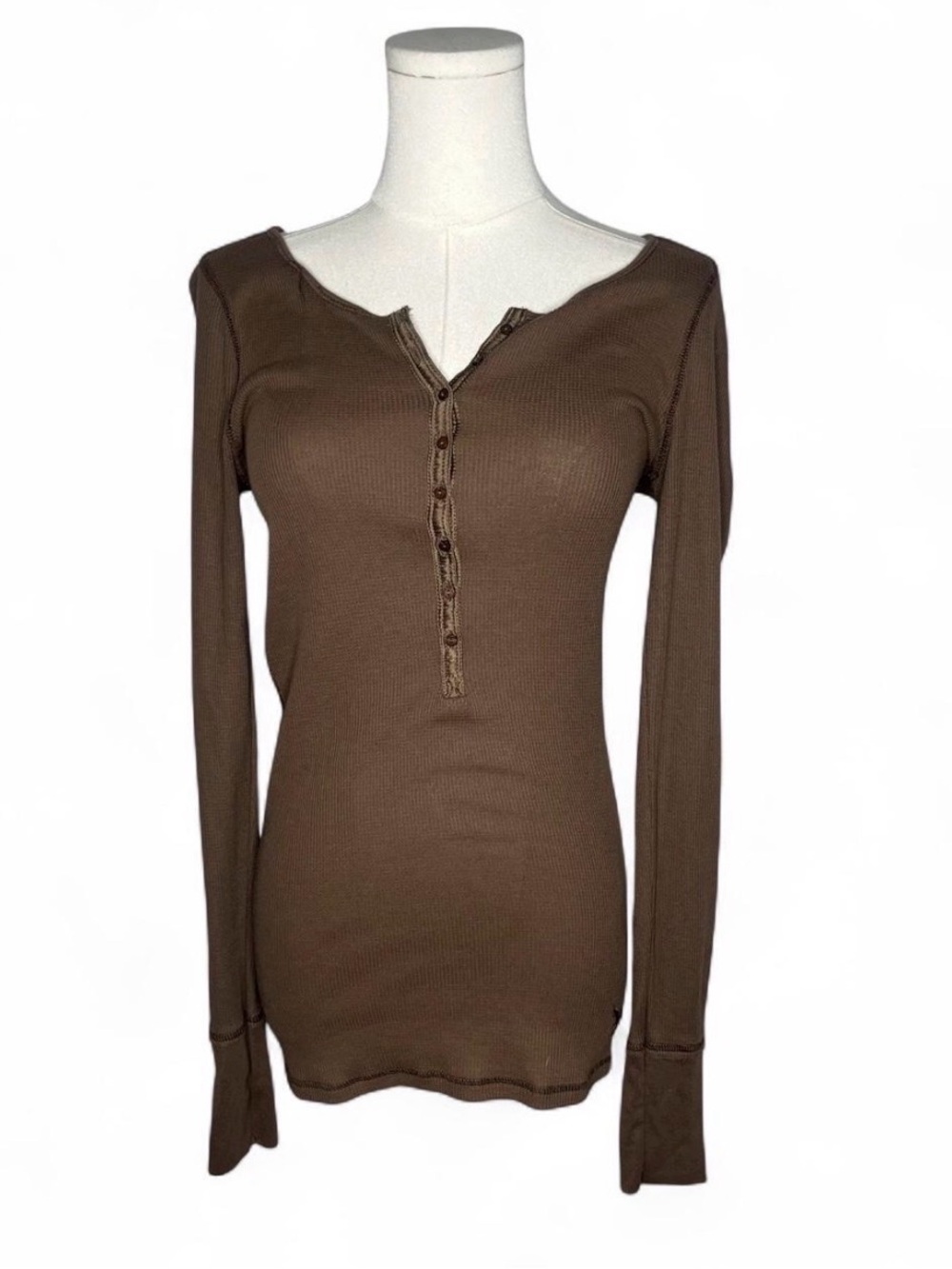 Y2K American Eagle Brown Ribbed Fitted Long Sleeve Henley Bella Swan